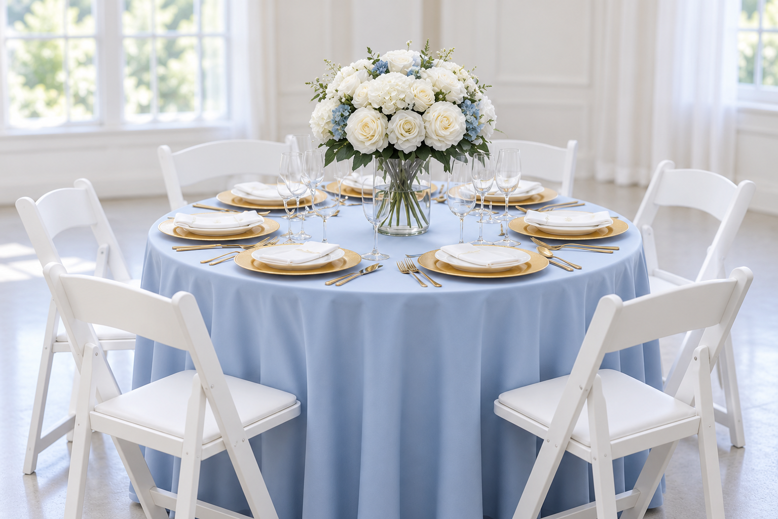 Complete round event table with powder-blue linen, white chairs and floral centerpiece