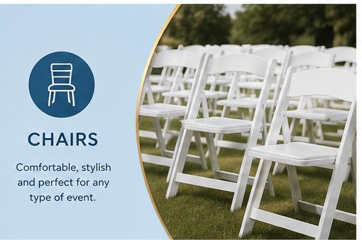 White event chairs available from Glow4 Party Rentals