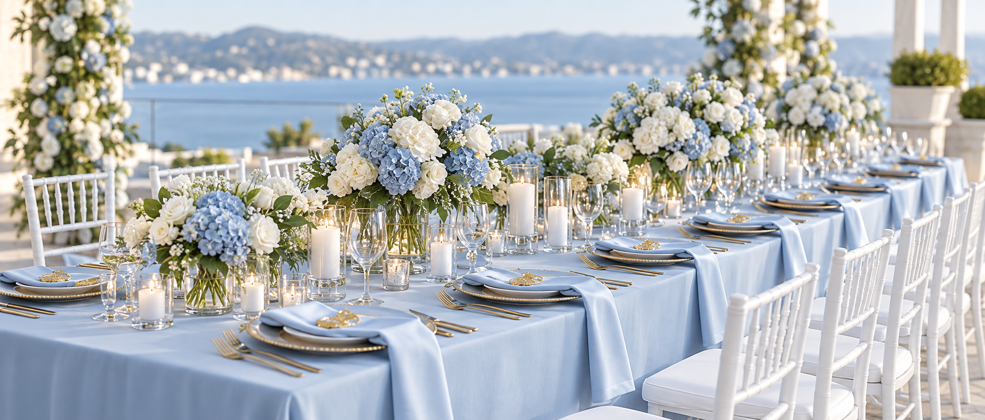 Complete powder-blue and white tablescape with floral centerpieces and white chairs