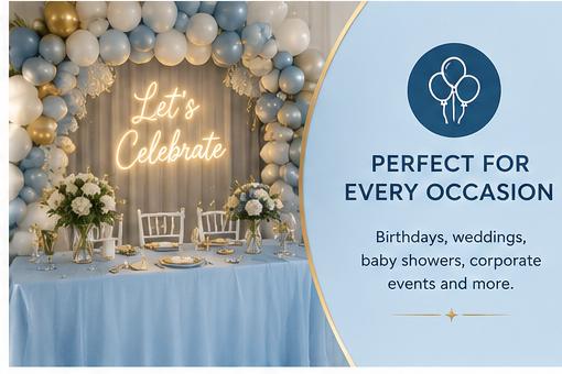 Celebration setup in soft blue, white and gold