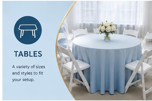 Round event table with a light blue linen and white chairs